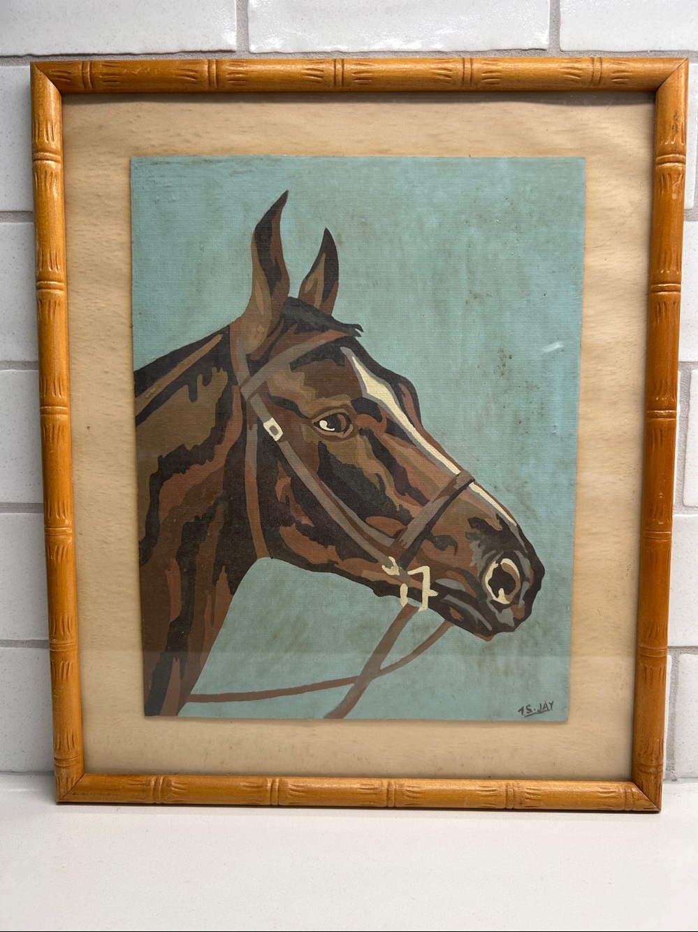 Vintage Framed Under Glass Paint By Number Horse Portrait Equestrian Wall Art